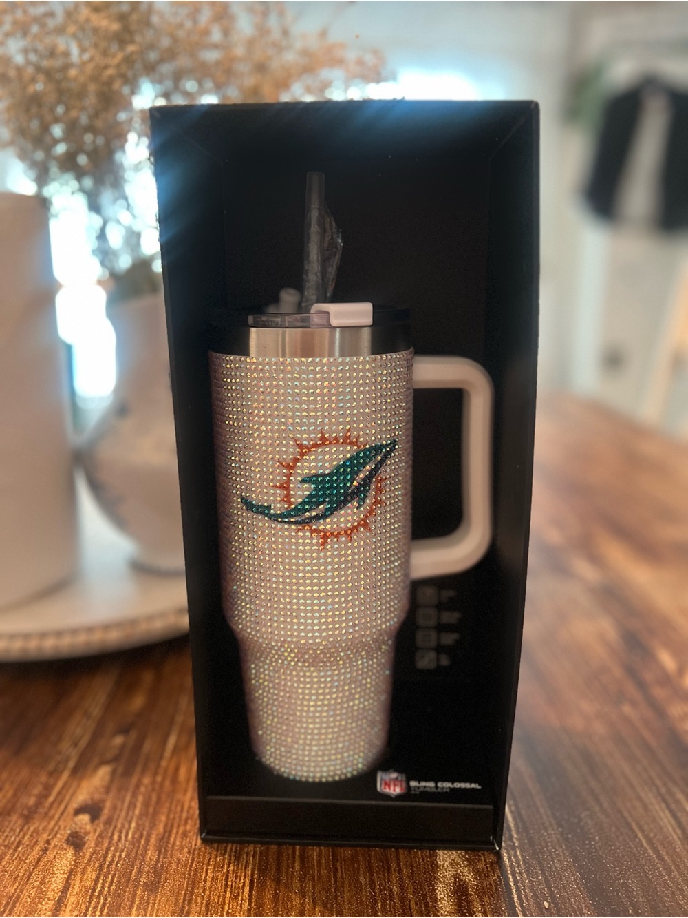NEW in box Miami Dolphins Crystal Bling Travel Tumbler 46oz